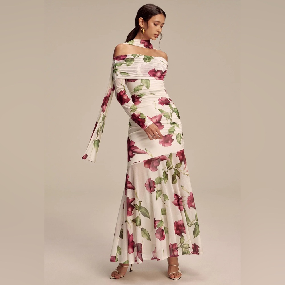 Commense One Shoulder Floral Dress - White and Pink